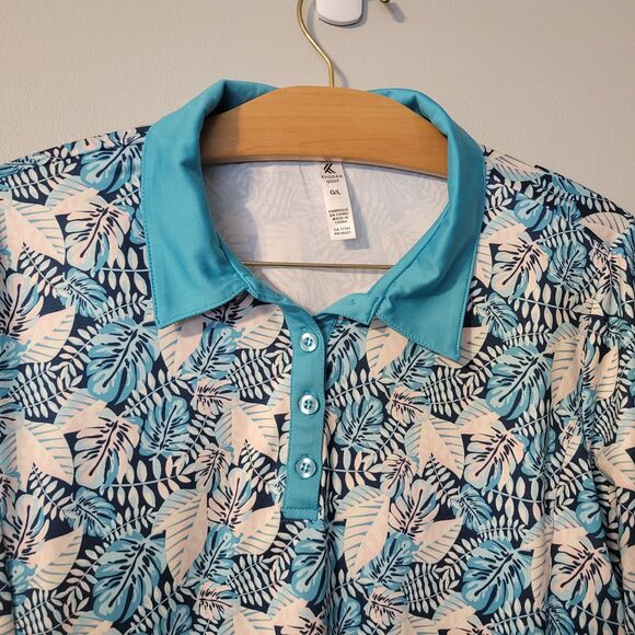 Kyodan Long Sleeve Golf Polo Top Blue Multi UPF 50+ Tropical Print Large - Picture 2 of 8